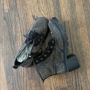 Black Studded Lace-Up Chunky Heel Boots